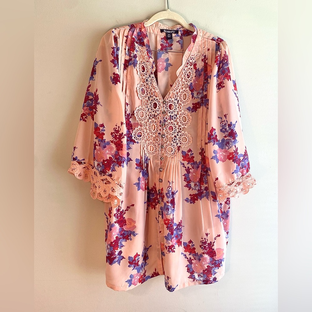 Roaman's Pink Floral Lace-Trim Tunic Blouse | 18W